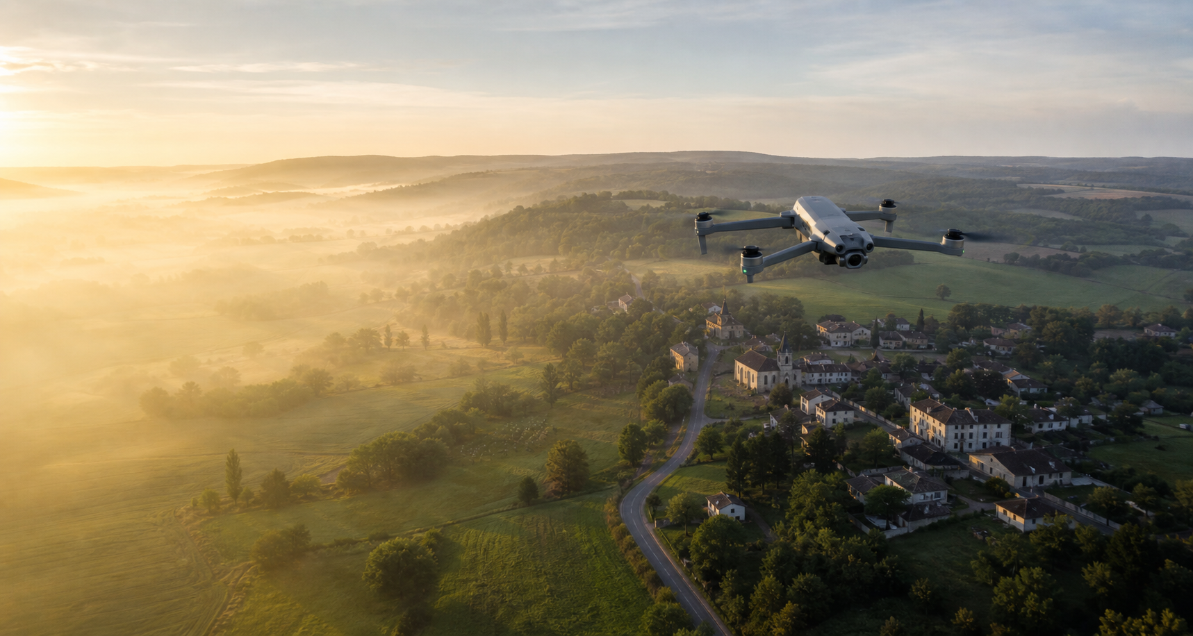 Drone professionnel en vol au-dessus d'un paysage français au lever du soleil