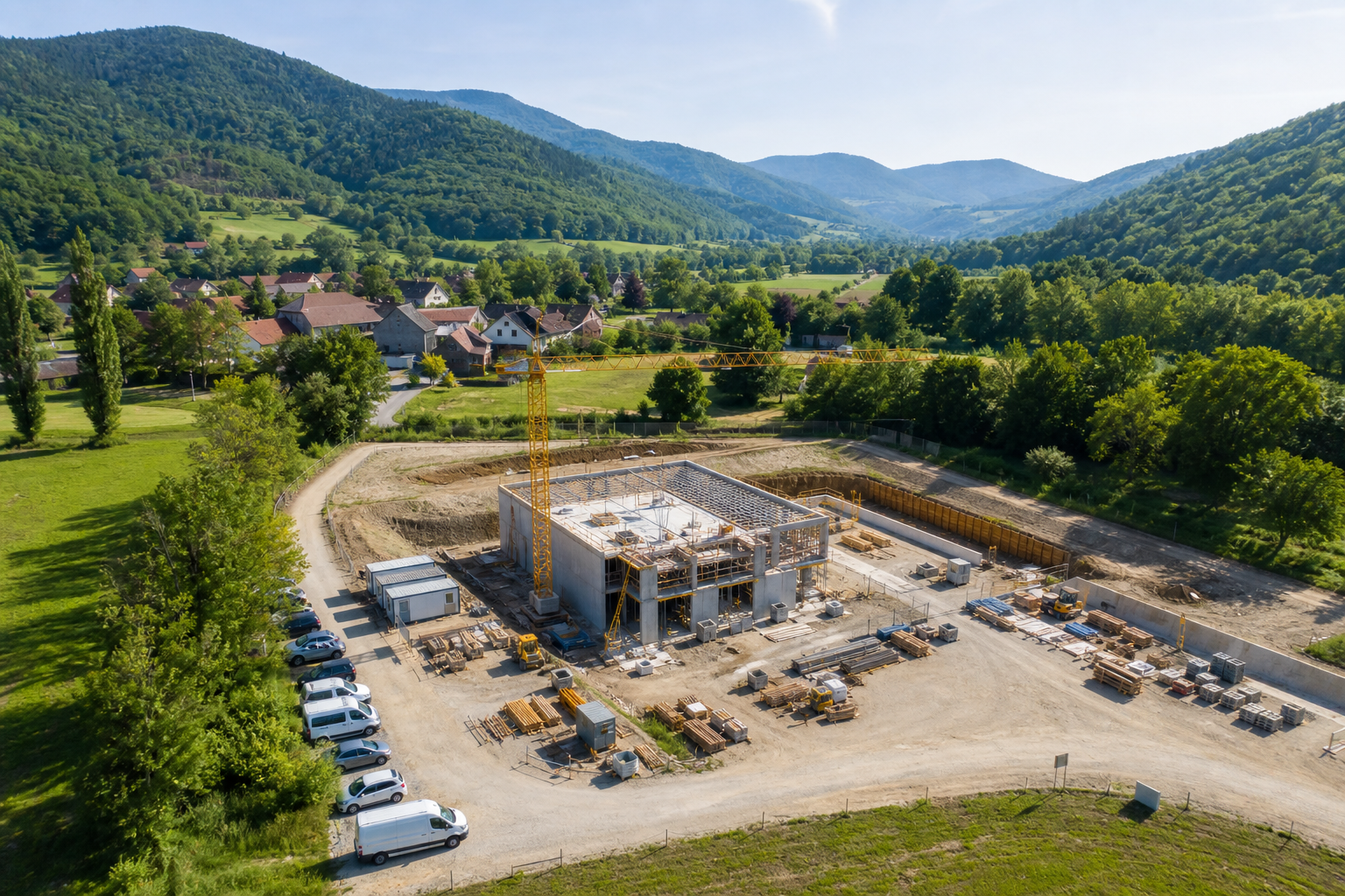 Vue aérienne d'une vallée alsacienne et d'un village au pied des Vosges