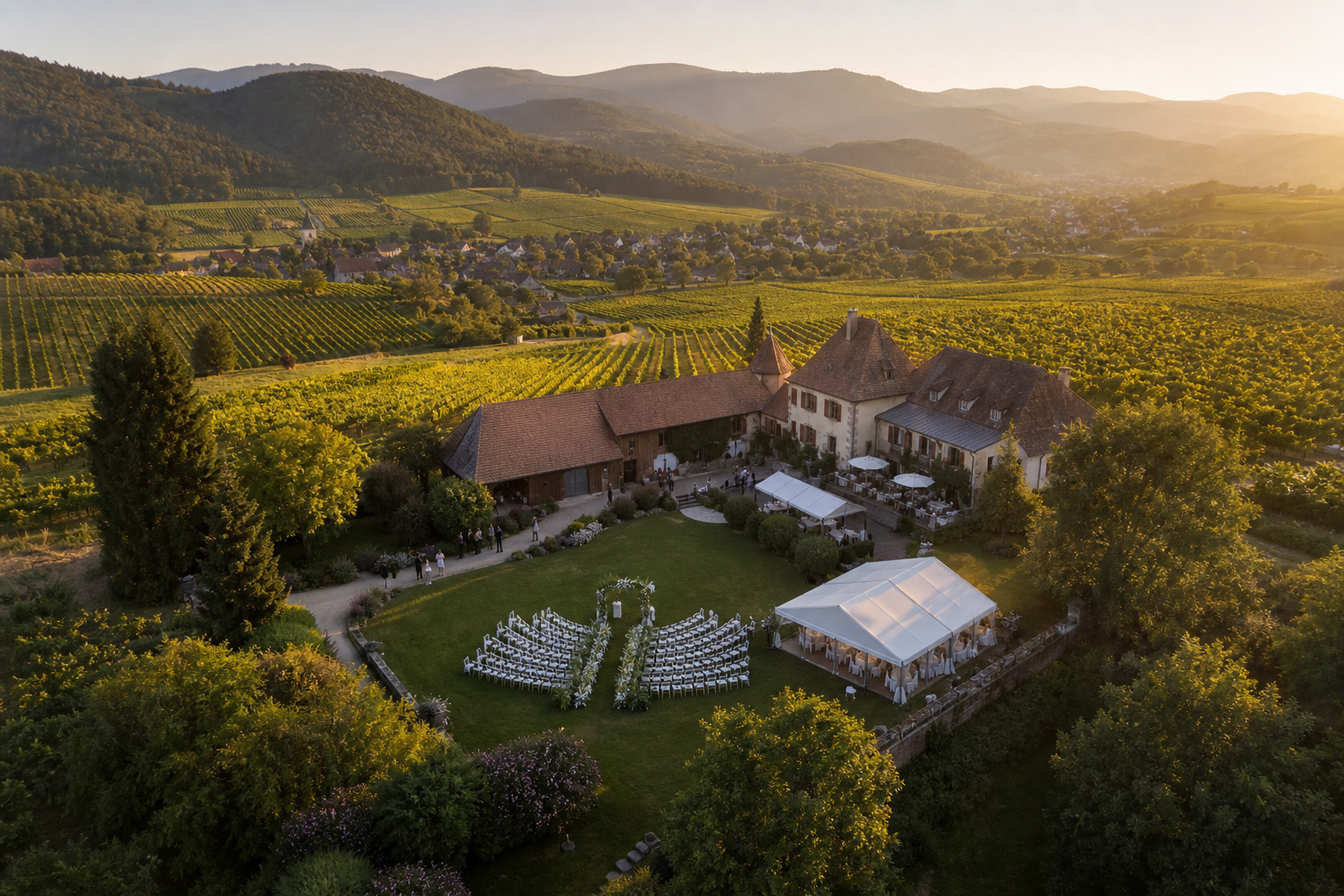 Vue aérienne élégante d'un mariage en extérieur dans un paysage alsacien